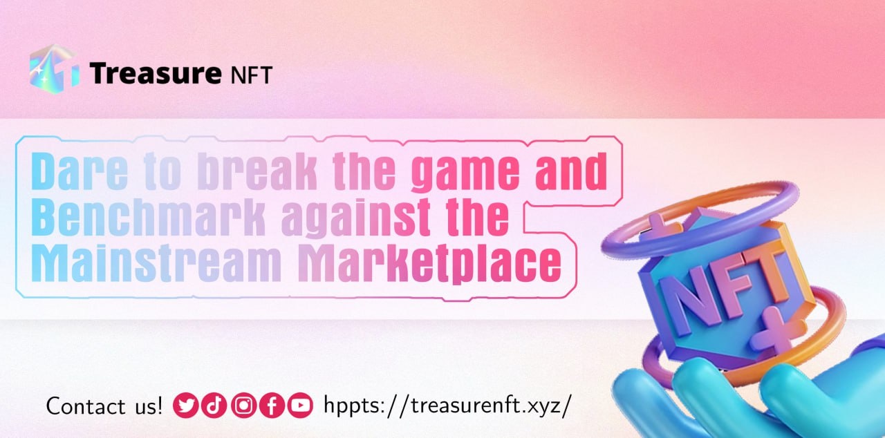 Treasure NFT promotional artwork with a pastel NFT cube and a challenge to mainstream marketplaces