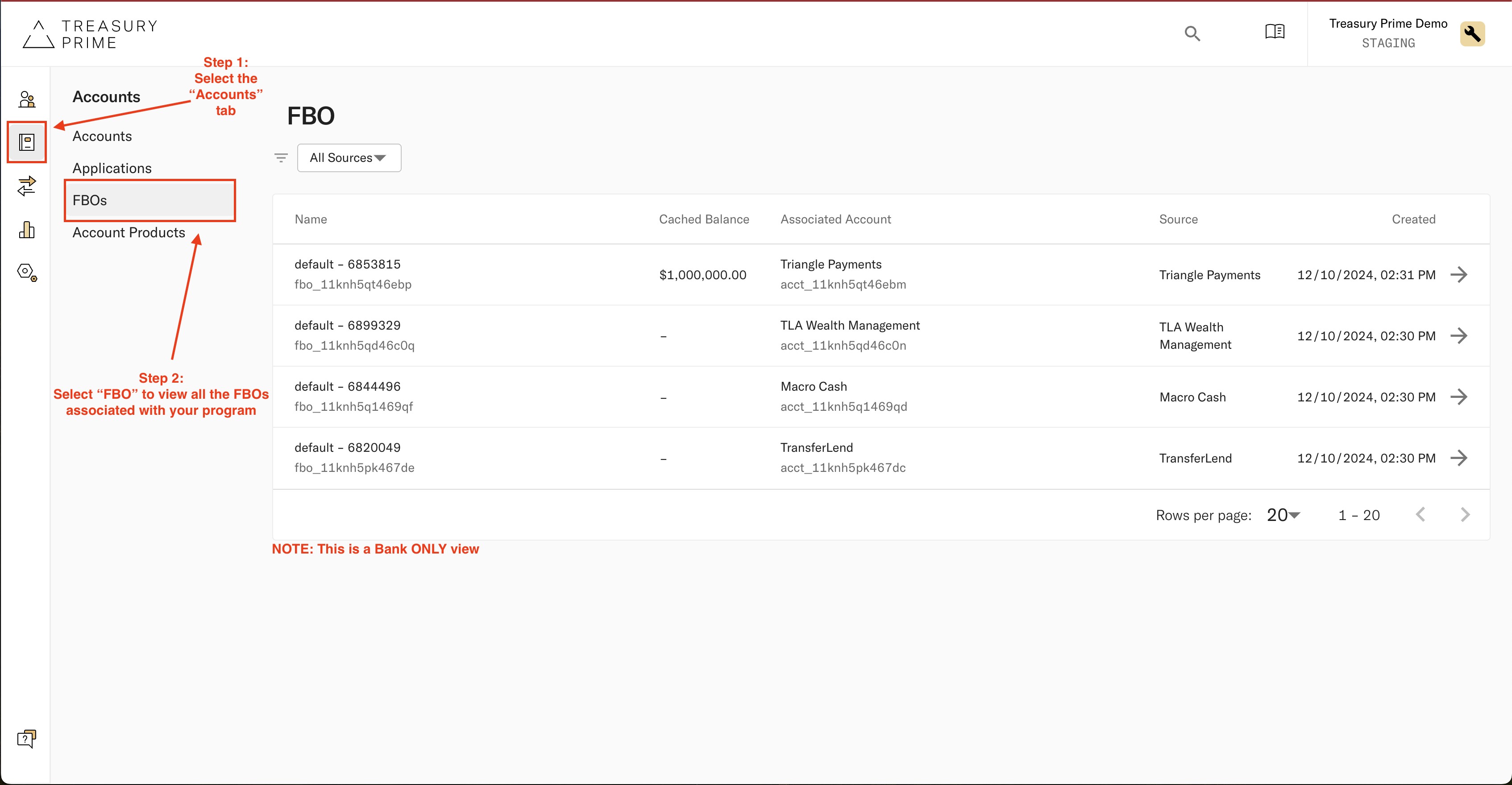 Treasury Prime Console showing bank-only FBO account records, balances and linked core accounts