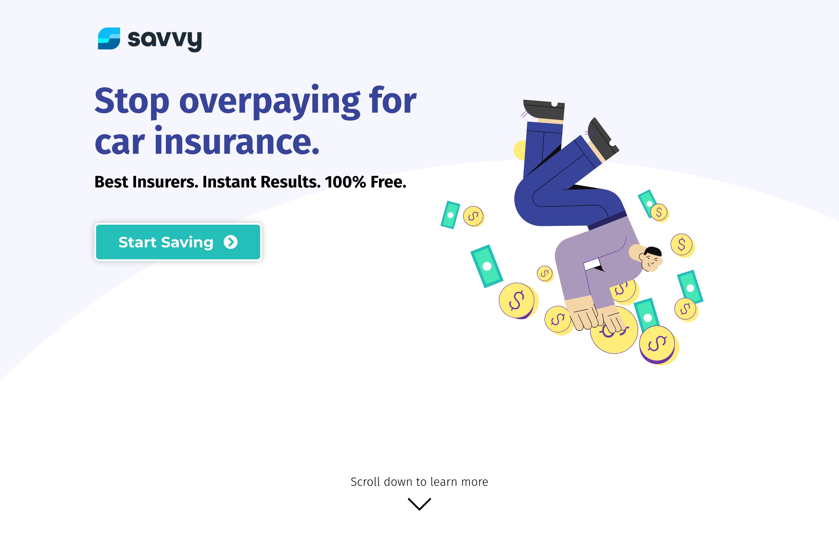 Historical Savvy landing page with its car insurance savings message and an illustrated shopper diving toward coins