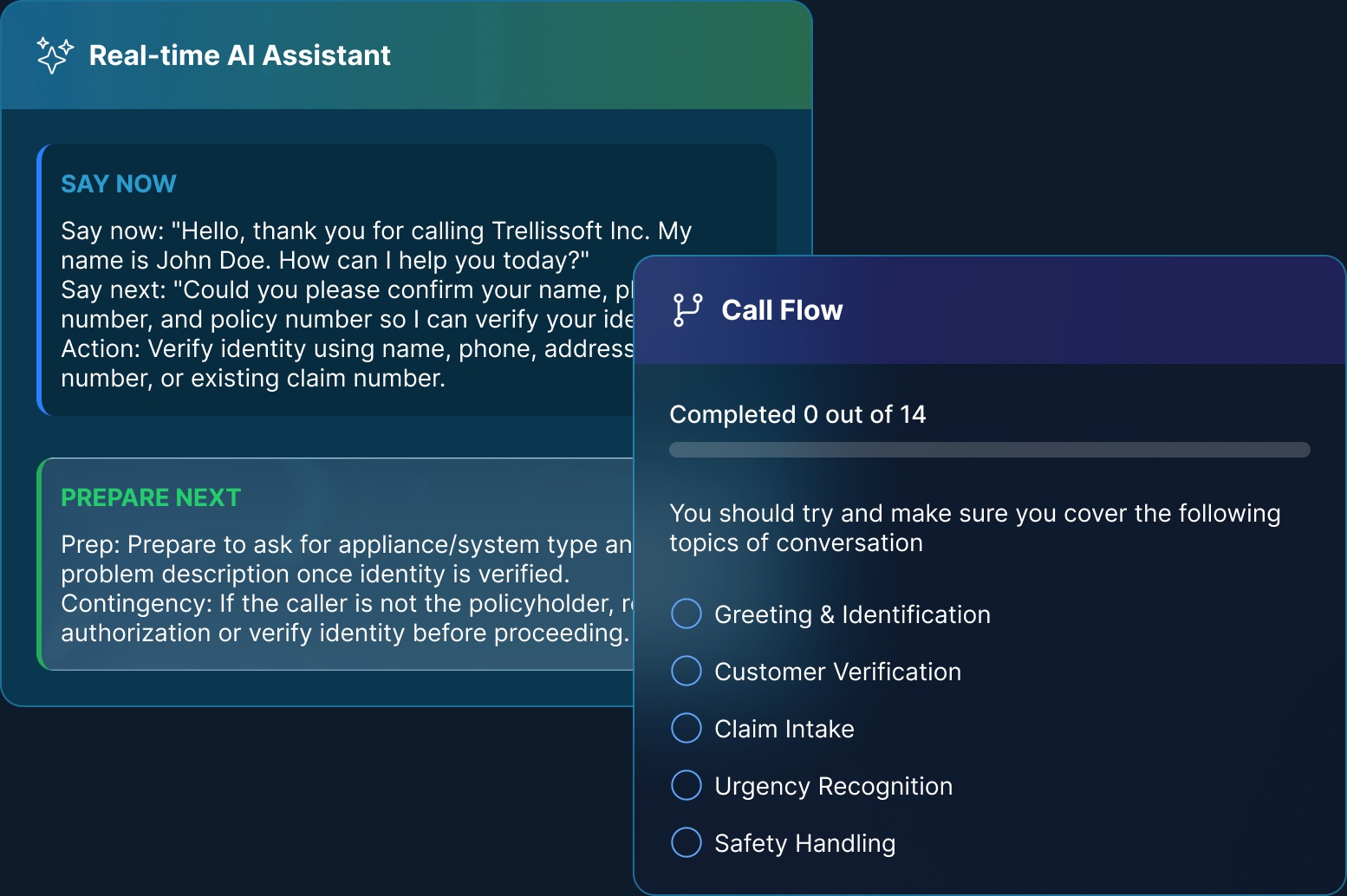 Trellissoft product illustration showing suggested live responses and a call-flow checklist