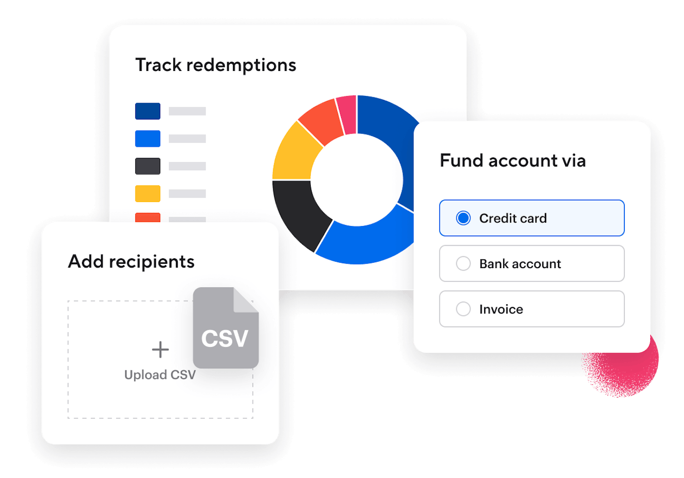 Tremendous product illustration showing a CSV upload, redemption tracking, and account funding choices