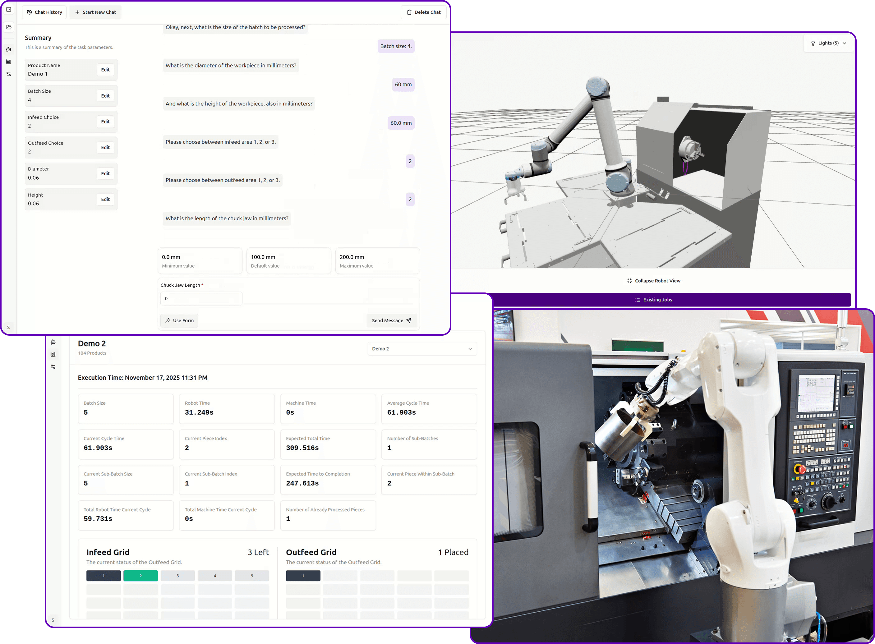 Acteris interface showing conversational job setup, robot simulation and production dashboard
