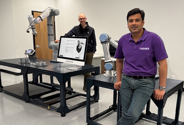 Trener Robotics co-founders Asad Tirmizi and Lars Tingelstad beside robot arms and an Acteris workstation