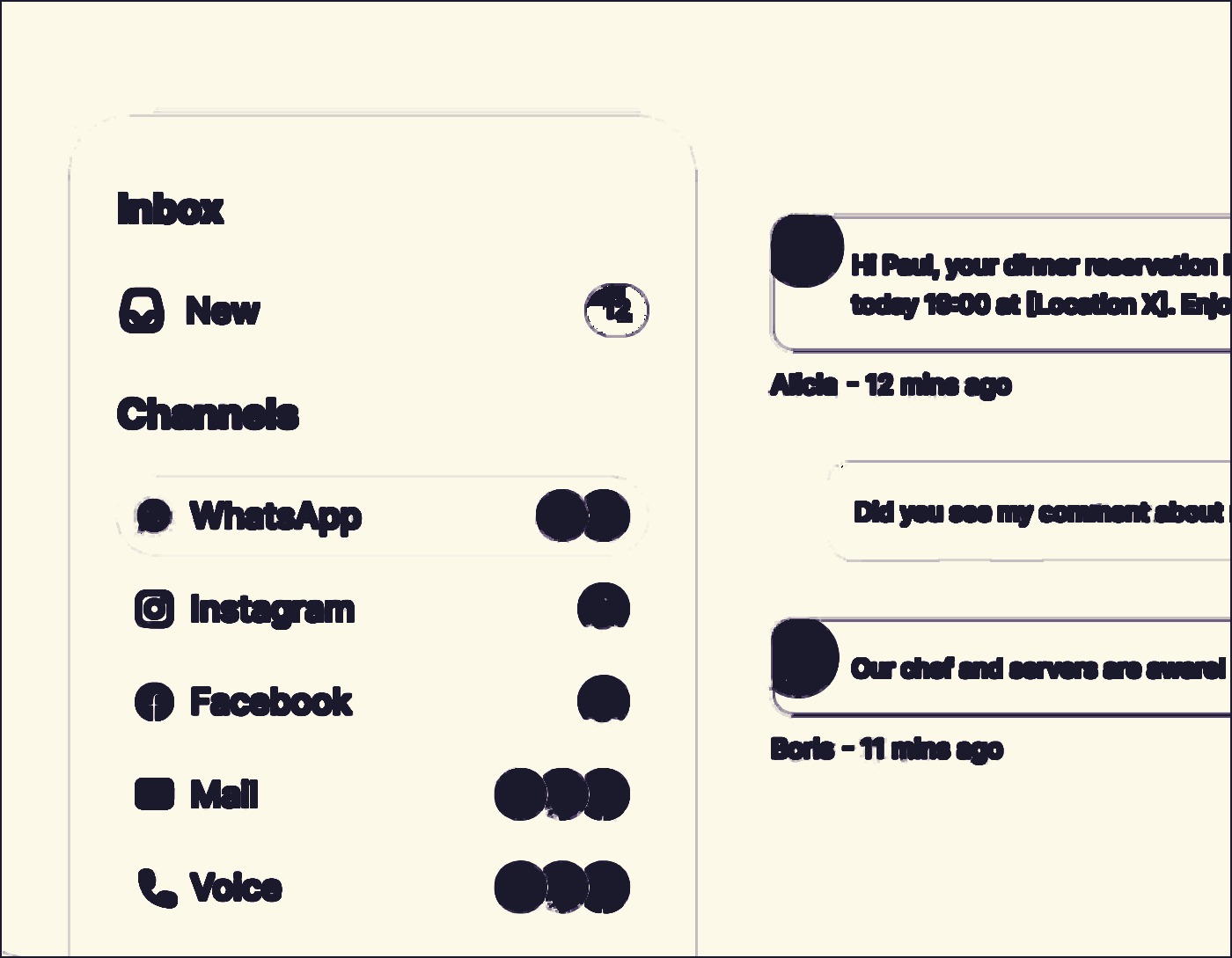 Retro pen illustration of Trengo's unified inbox showing WhatsApp, Instagram, Facebook, Mail and Voice channels in one view