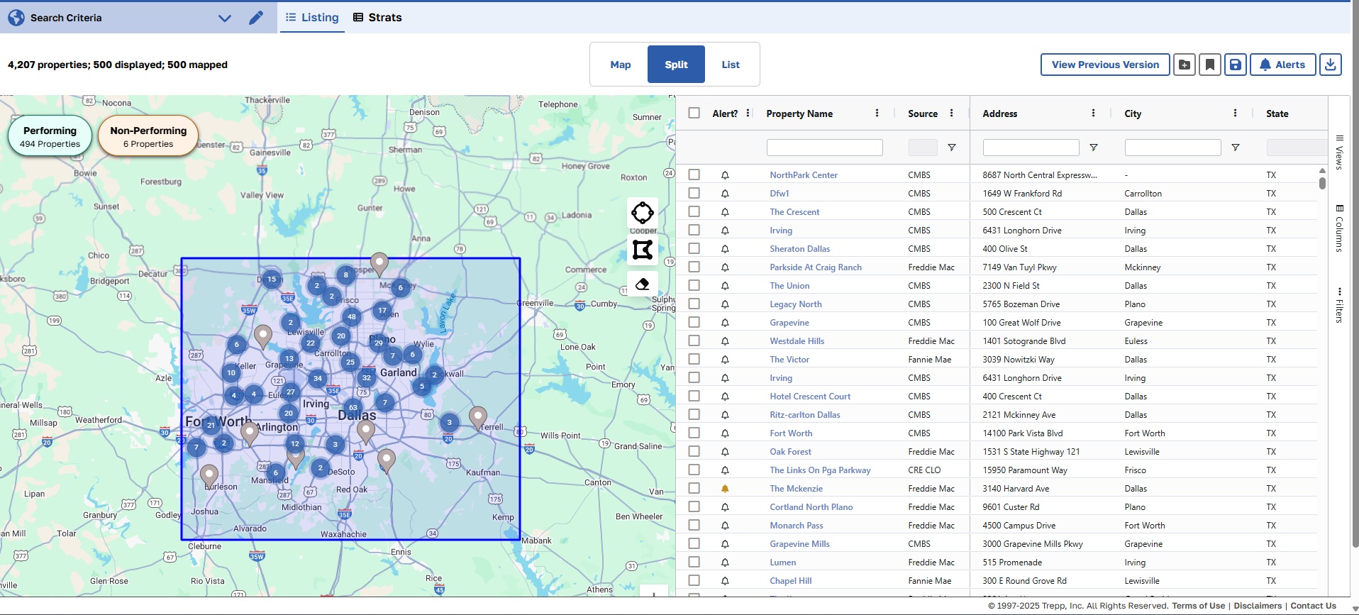 TreppCRE split view showing a Dallas-Fort Worth property map beside searchable property and loan records