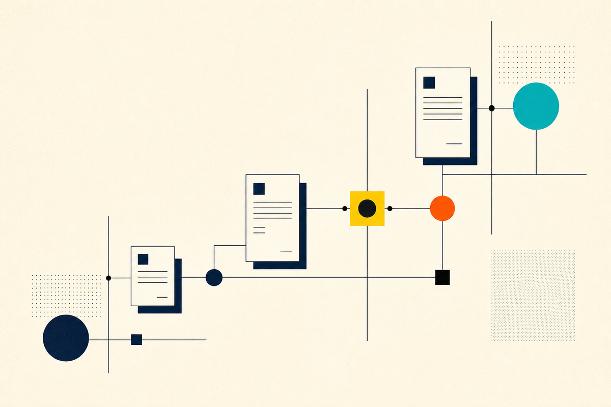 Abstract Swiss-style composition showing invoice forms moving through a payment network