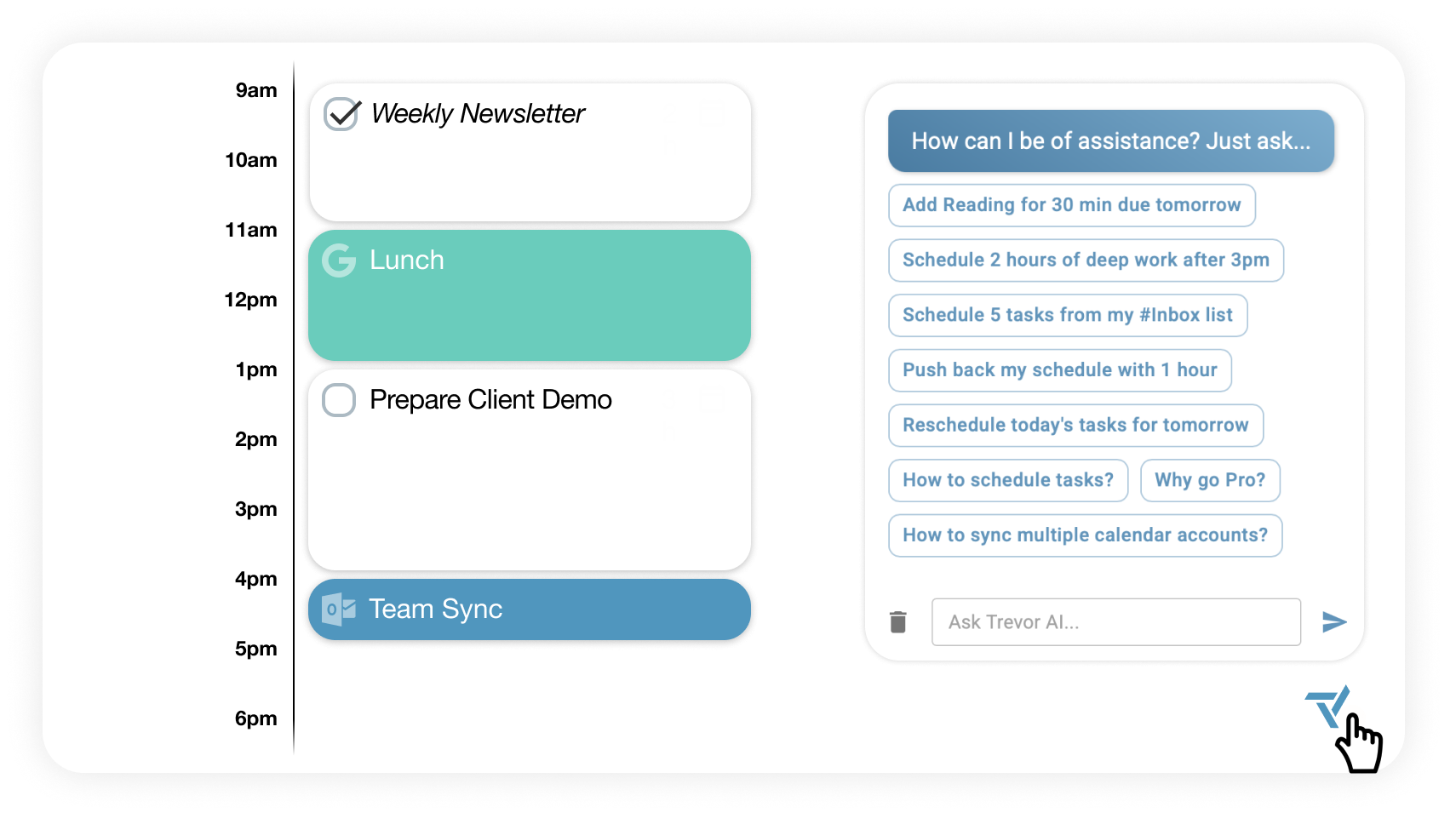 Trevor AI calendar beside the Ask Trevor assistant, with suggested scheduling commands