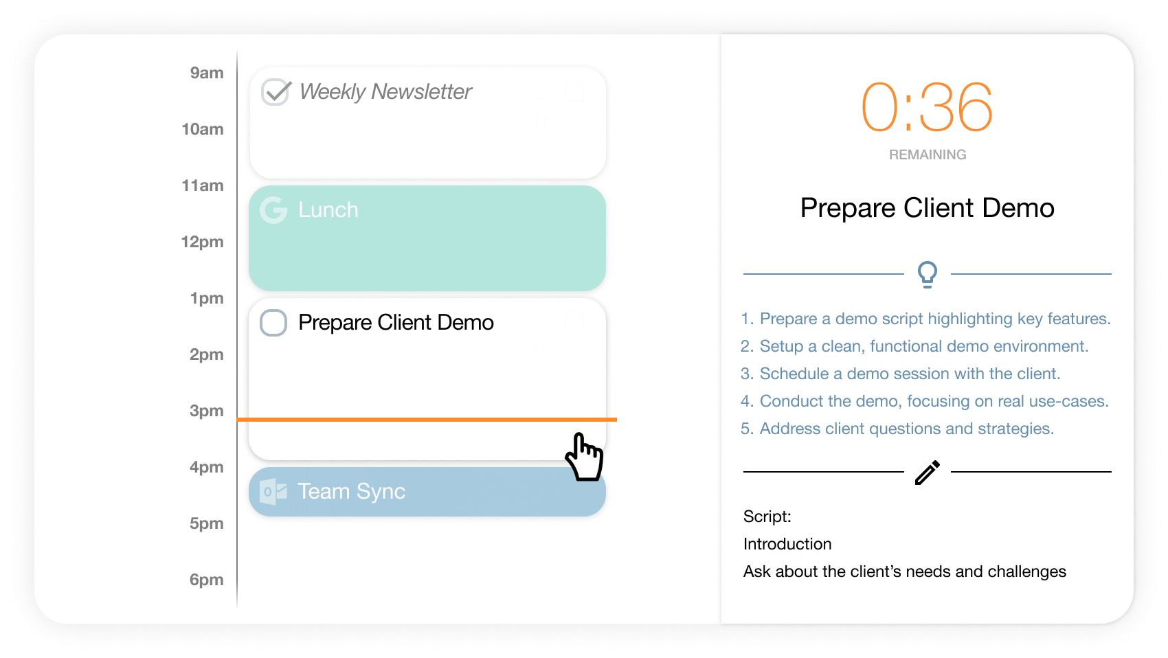 Trevor AI Focus Mode showing a timer, task breakdown and notes beside a calendar