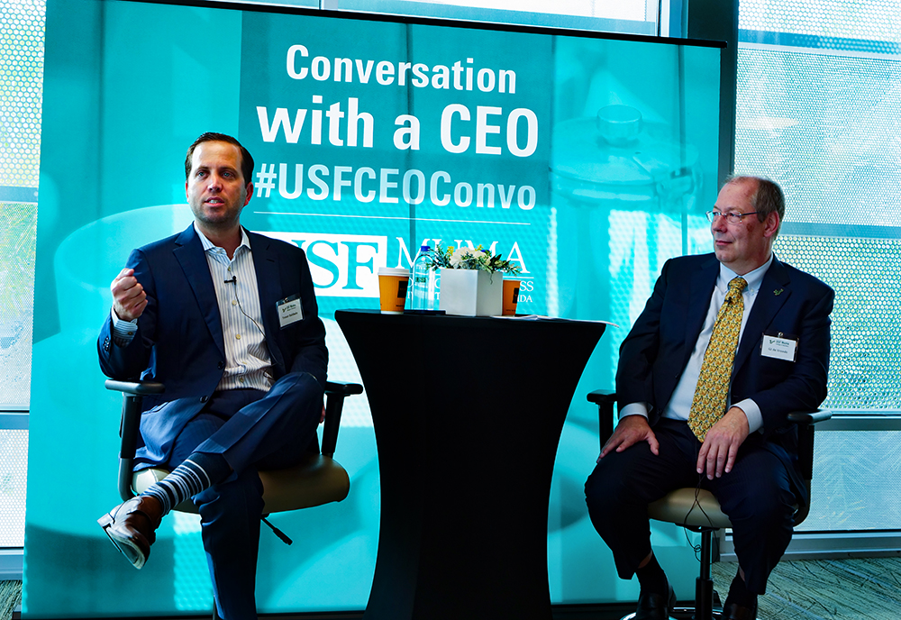 Trevor Baldwin, left, speaking with GJ de Vreede at USF's Conversation with a CEO event