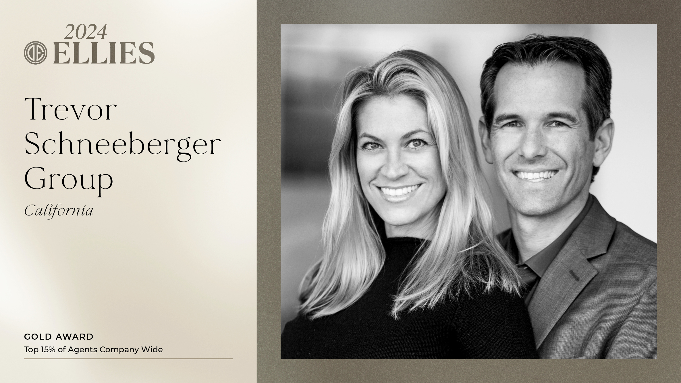 Douglas Elliman’s 2024 Ellies Gold Award graphic for Trevor Schneeberger Group, featuring Trevor and Patricia Schneeberger.