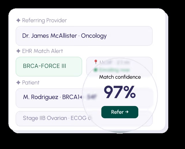 Trial Library product image showing a patient-to-trial matching alert