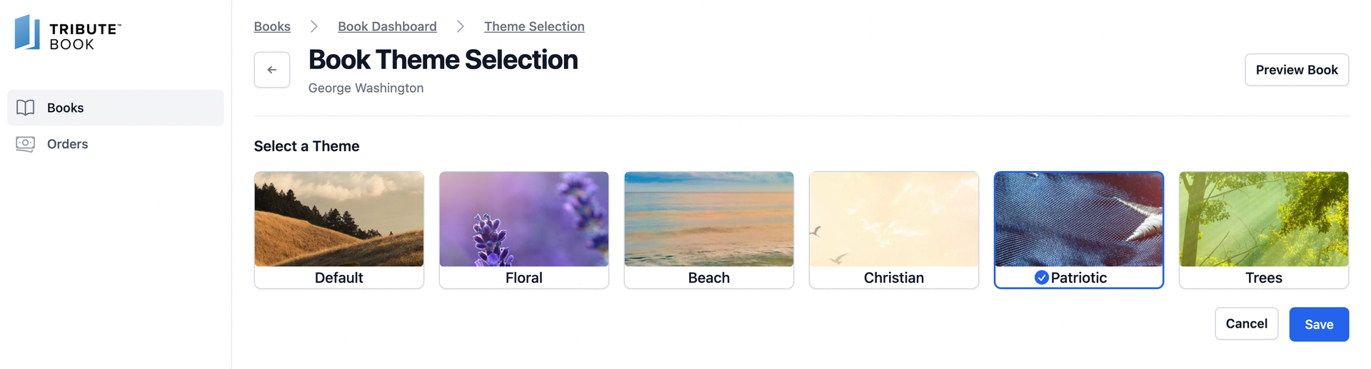 Sample Tribute Book portal showing six selectable memorial-book themes