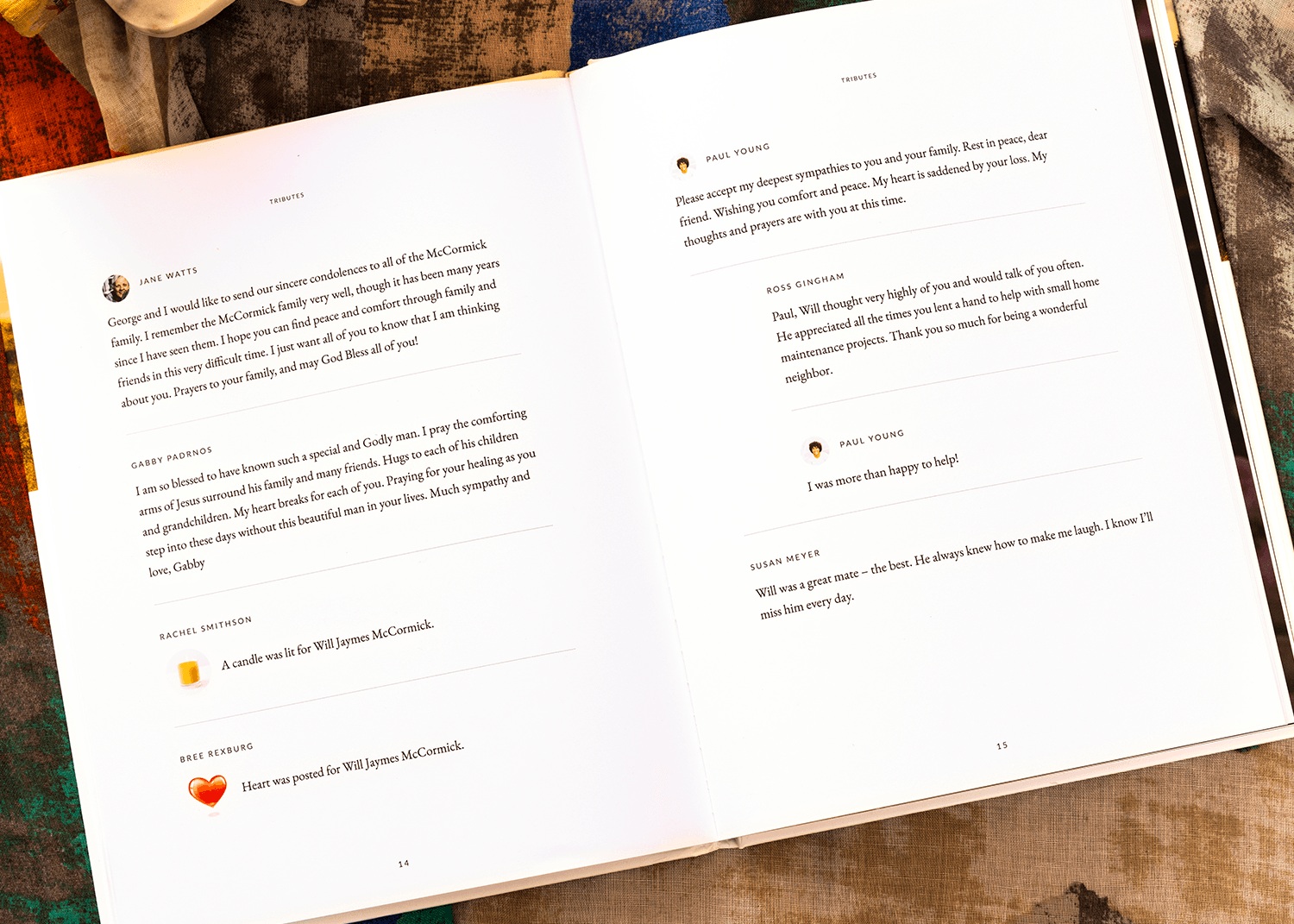 An illustrative Tribute Book spread showing printed condolence messages