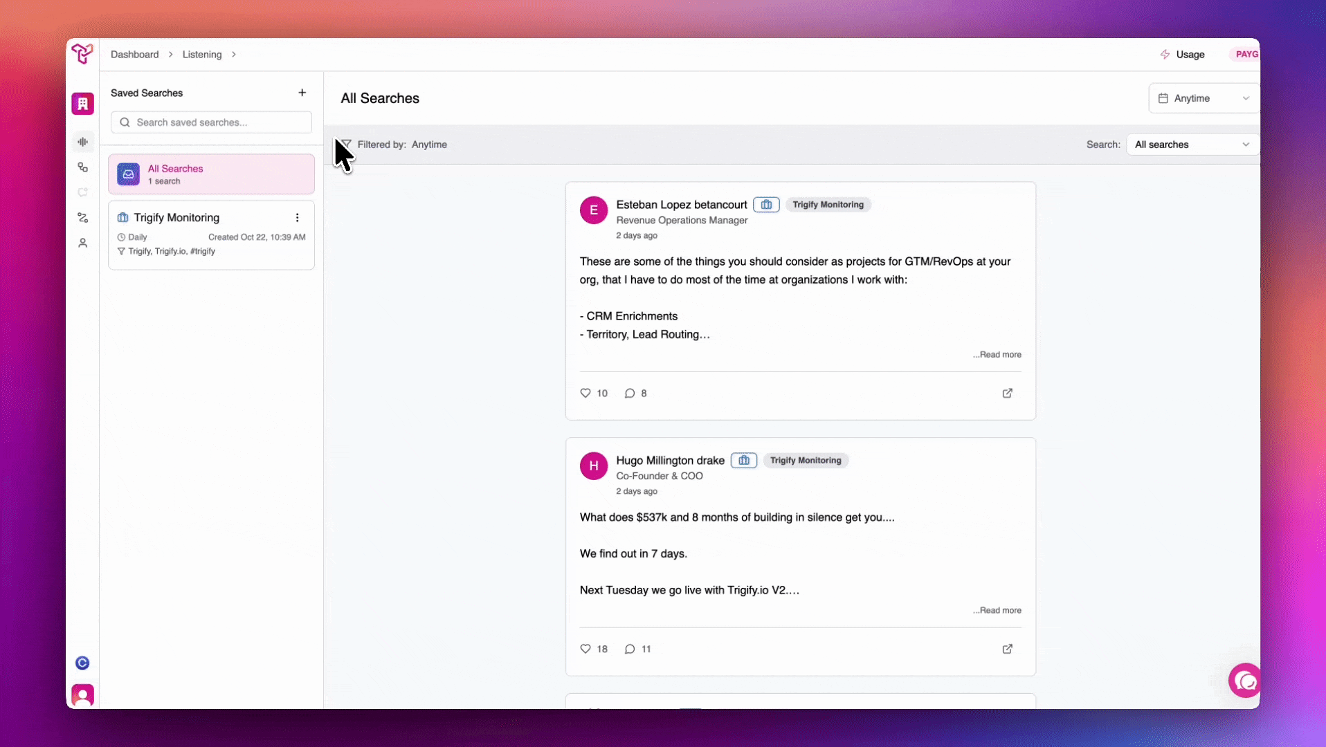 Trigify listening dashboard showing saved searches and matching social posts