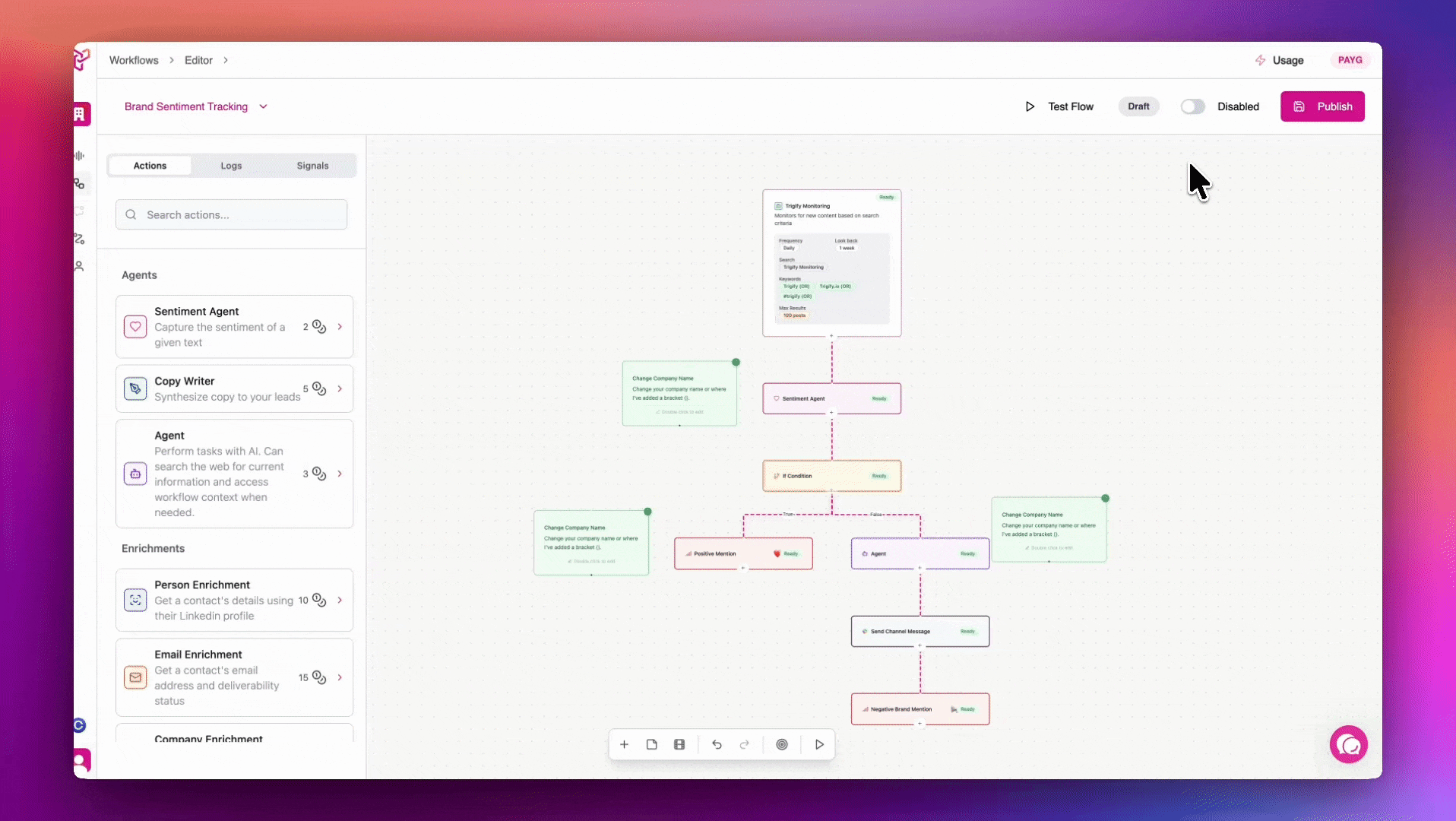 Trigify workflow editor showing sentiment analysis branches and actions