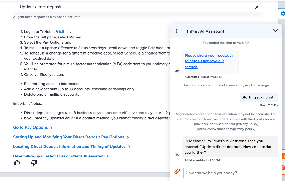 TriNet product screenshot showing a direct-deposit search carried into its AI Assistant