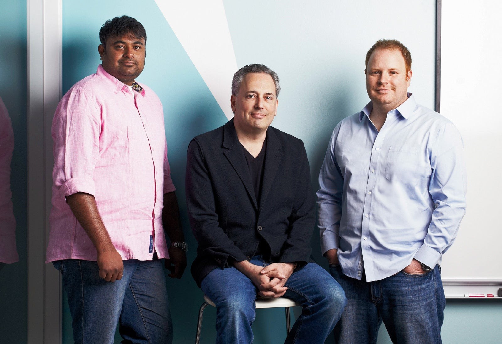 Zenefits leaders Laks Srini, Parker Conrad and David Sacks in an office portrait
