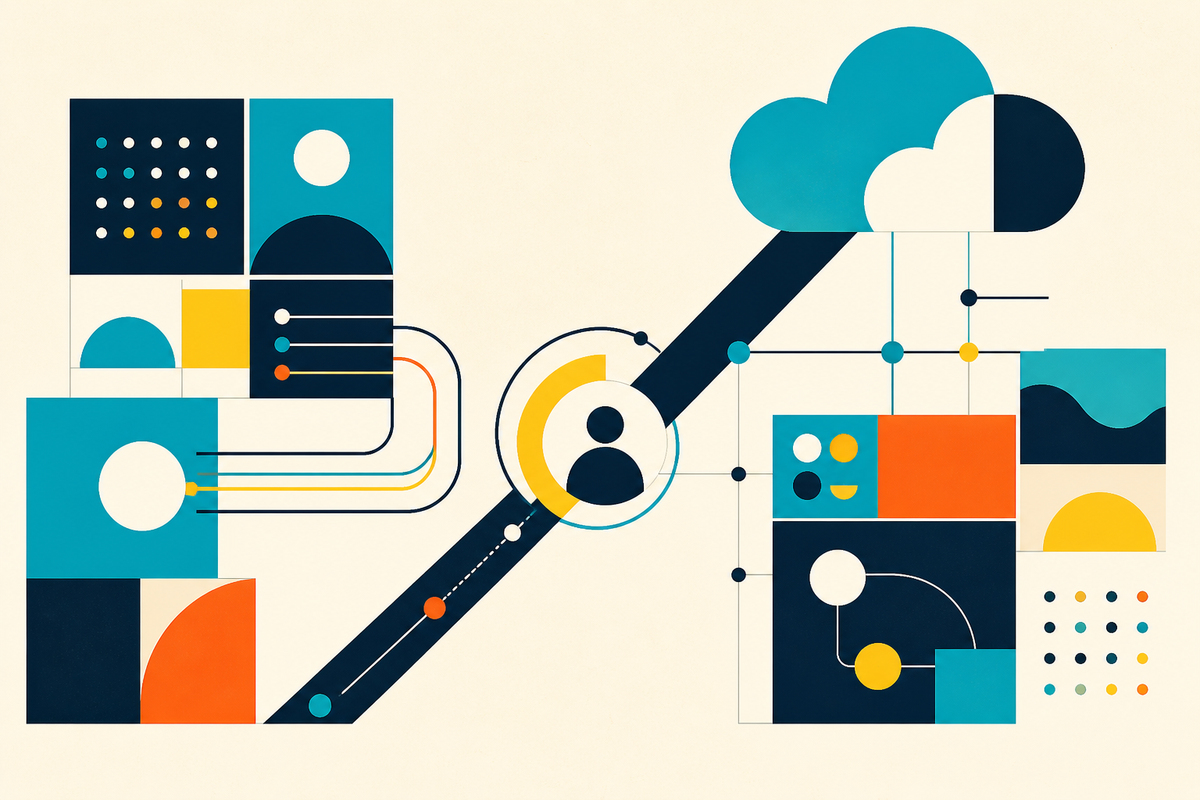 Abstract geometric illustration of connected enterprise systems, data paths, cloud infrastructure and a person at the center