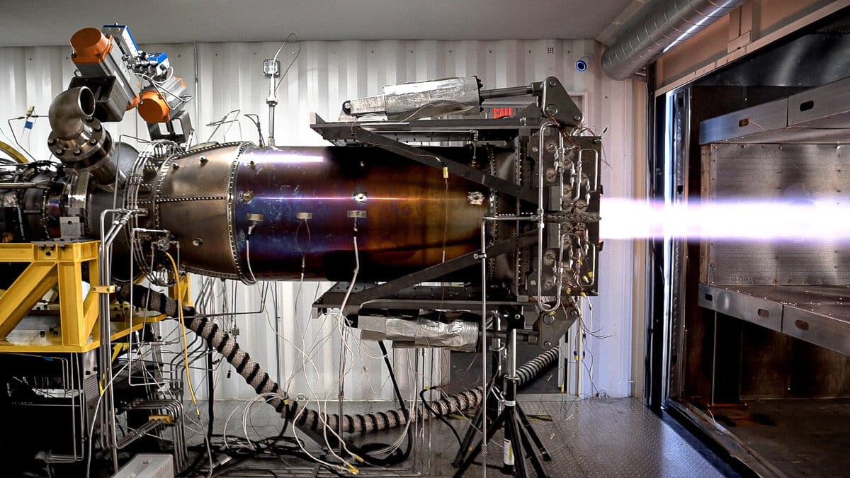 Hermeus Chimera engine displayed on a test installation