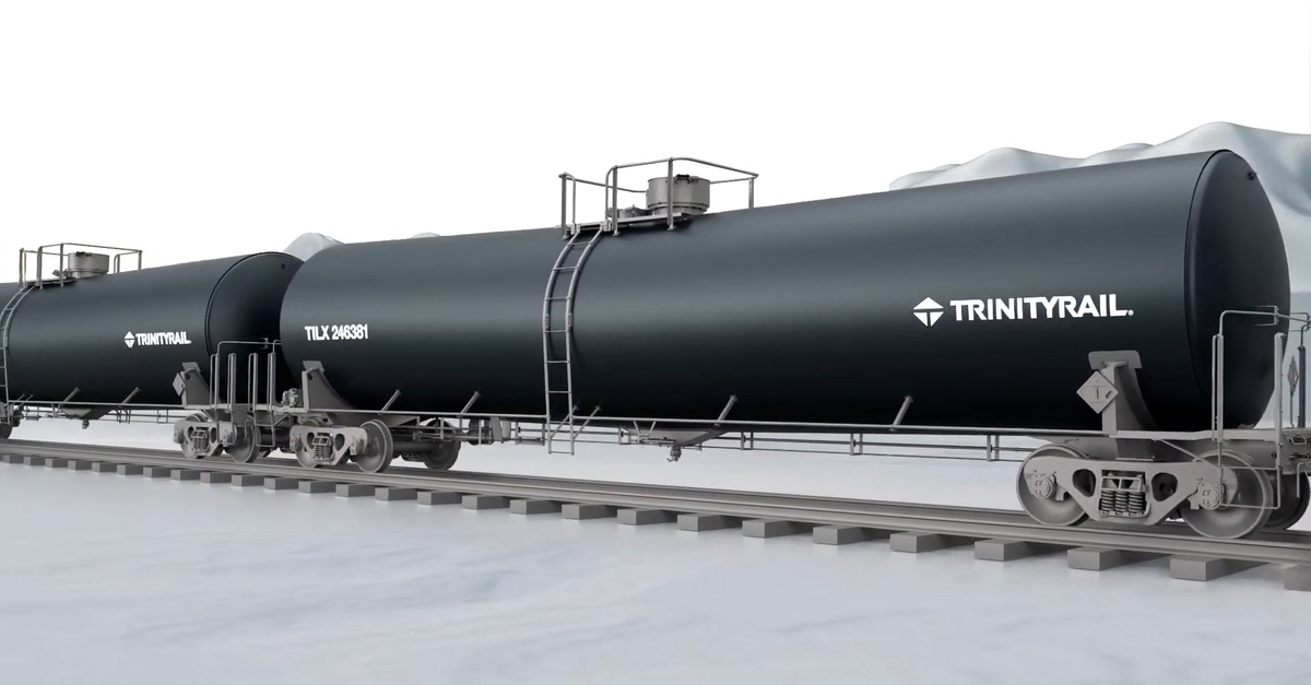 TrinityRail product rendering showing two black tank cars