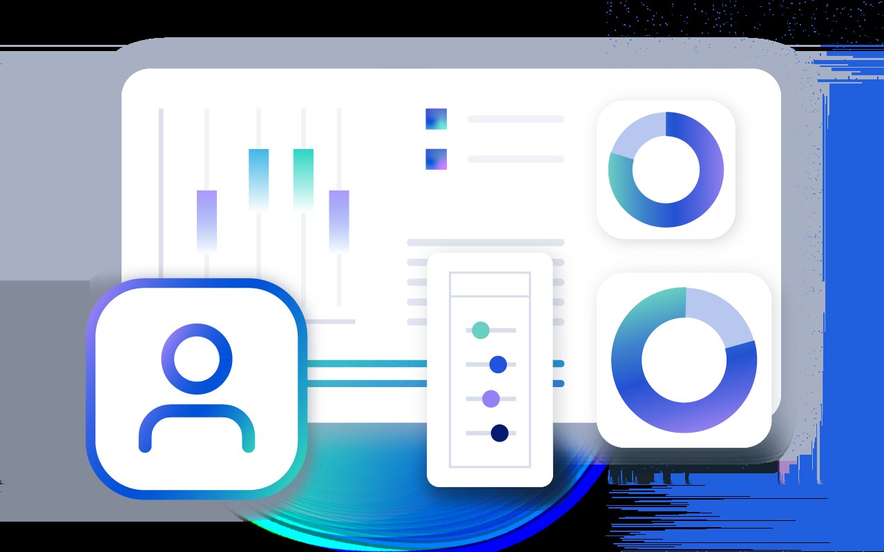 Stylized Trintech illustration showing a finance dashboard, charts and controls