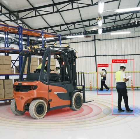 Trio Mobil product illustration showing a forklift, two pedestrians and detection overlays