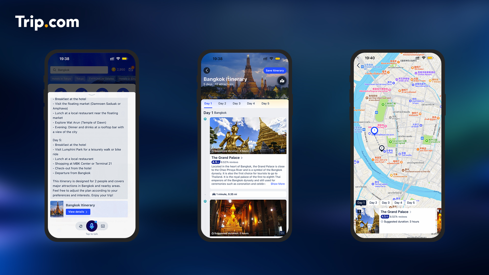 TripGenie launch screens showing a Bangkok itinerary, attraction details and a route map
