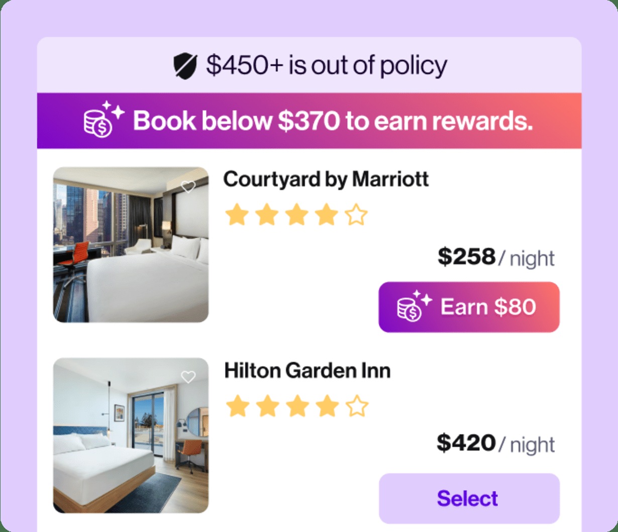 Navan Rewards example showing a policy ceiling, a lower price to beat, and hotel rewards