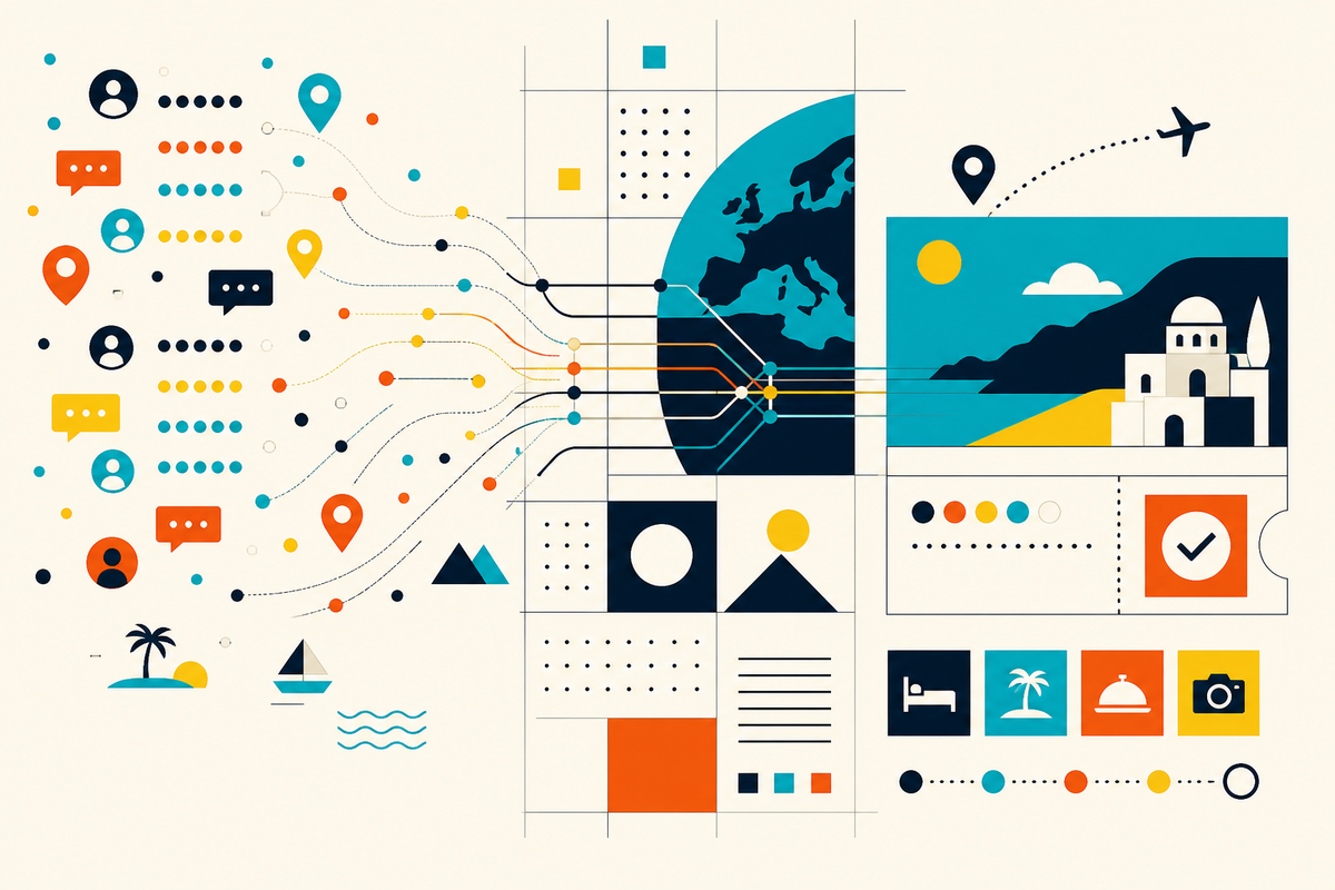Abstract Swiss-style illustration of travel reviews flowing through a globe into a bookable destination