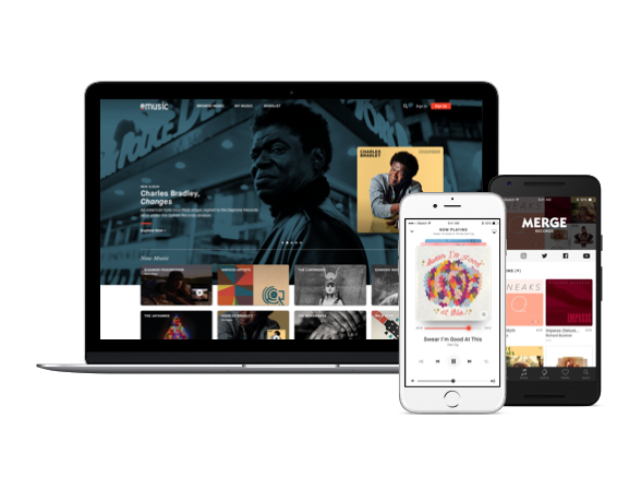 Historical eMusic product presentation showing a music store on a laptop and music apps on two phones