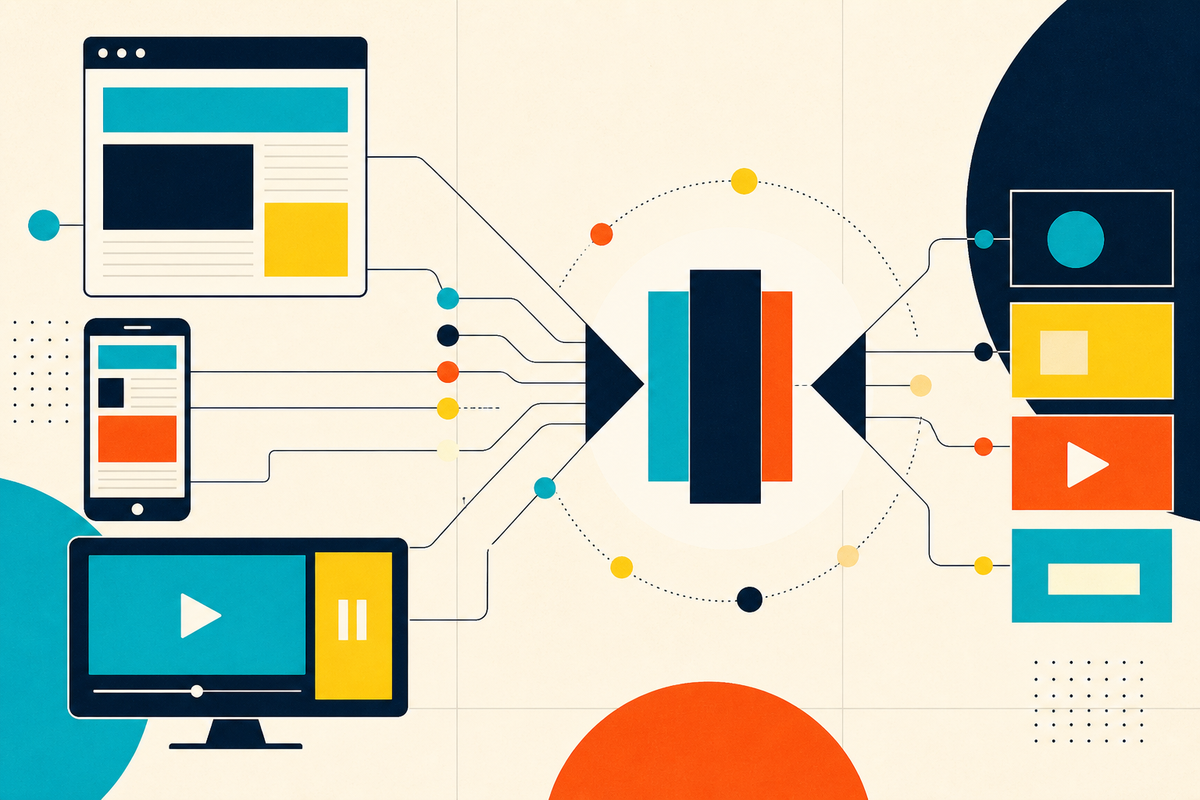 Abstract Swiss-style diagram of web, mobile and television ad formats connected through a central exchange