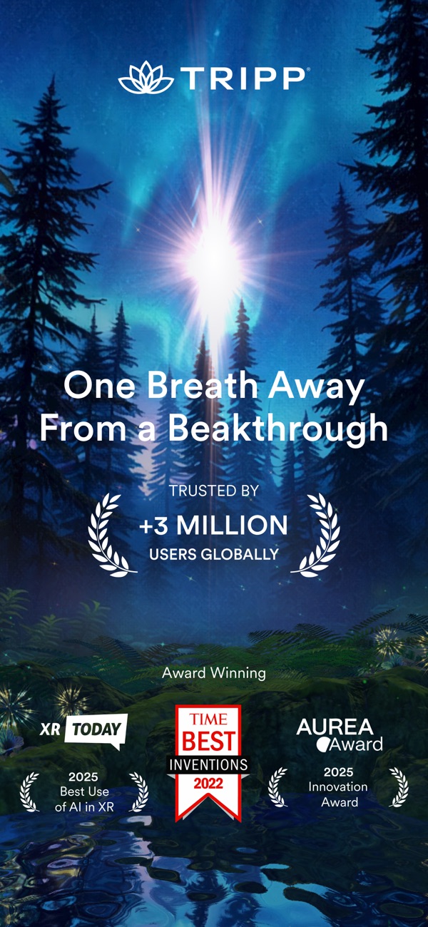 A TRIPP immersive meditation worldscape shown on a phone screen