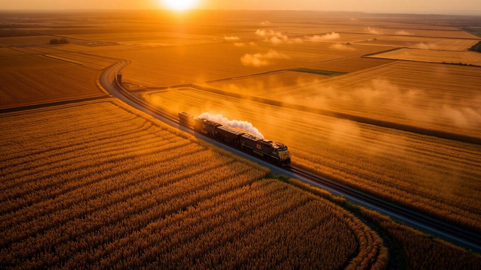 Company-published illustration of a freight train crossing grain fields