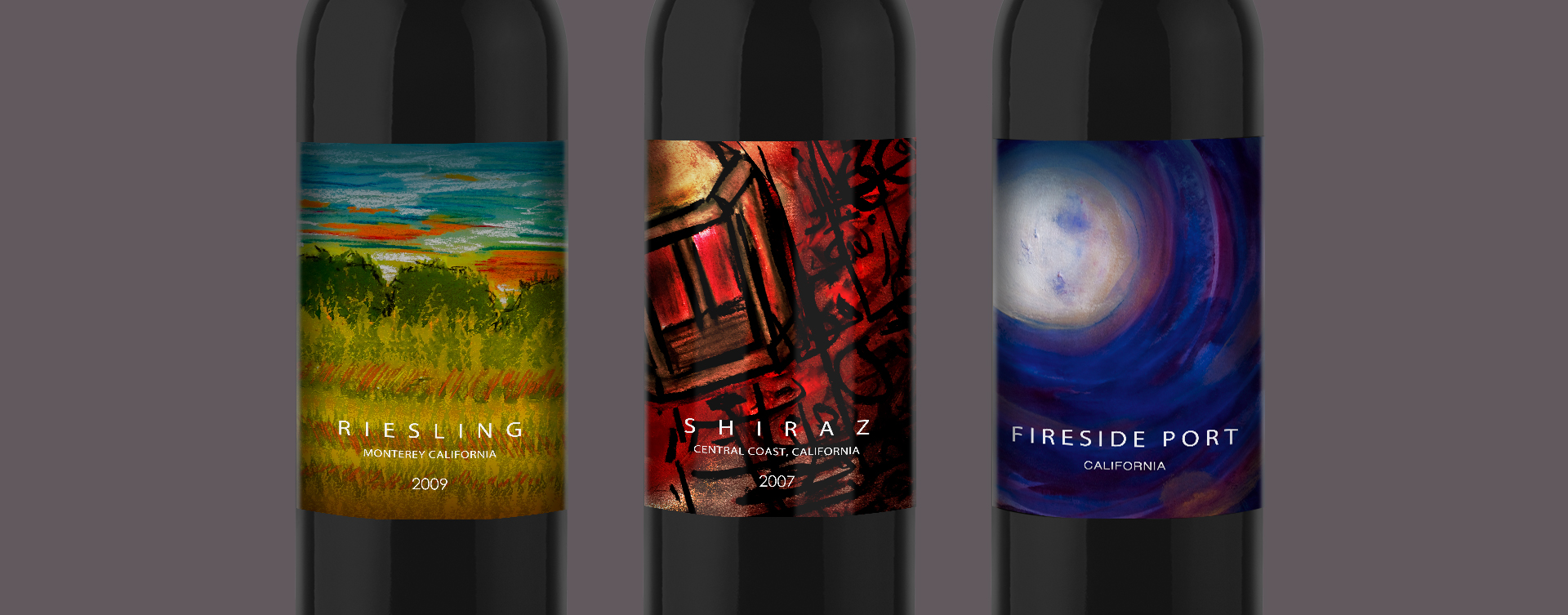 Three wine bottles with colorful painted labels from TRIXMEDIA’s Hilton Wines portfolio
