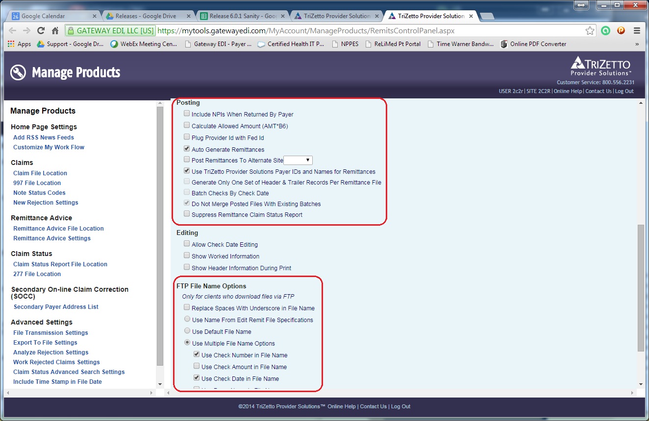 TriZetto remittance advice control panel showing automatic generation and file naming settings