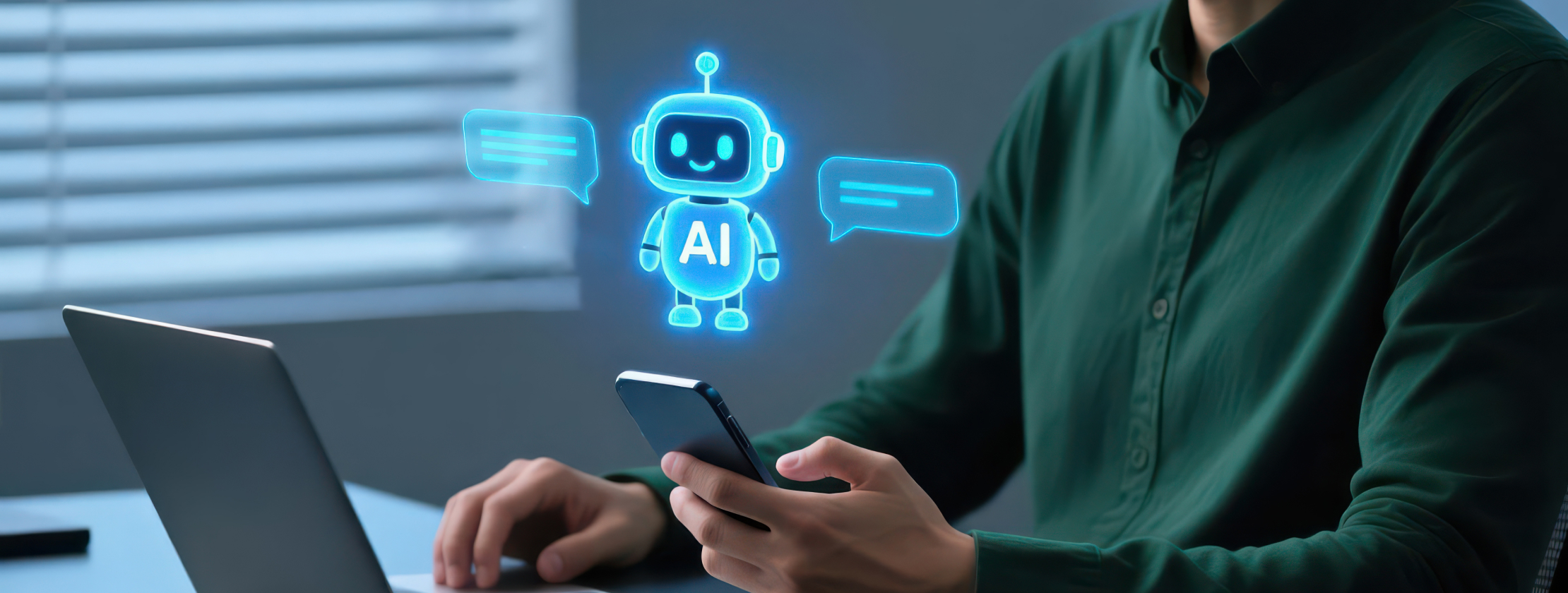 Promotional illustration of a person using devices beside a stylized AI chatbot
