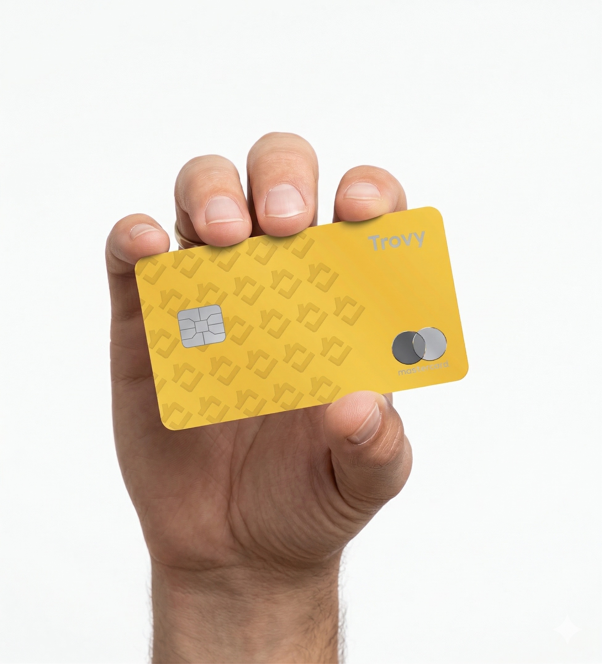 A hand holding Trovy’s gold Mastercard HELOC credit card