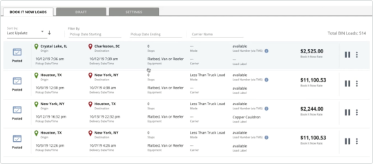 Truckstop Book It Now product screenshot showing load listings