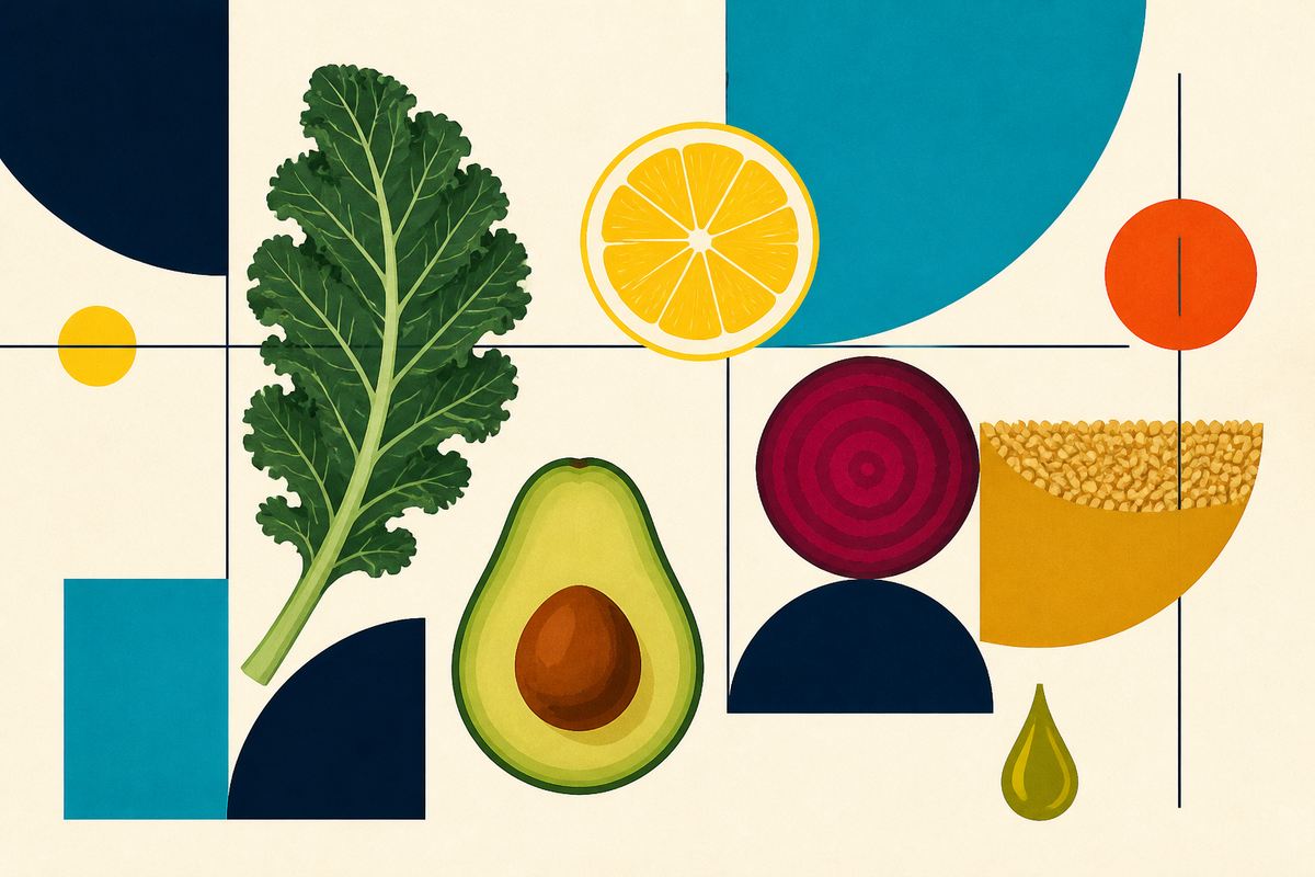 Abstract Swiss-style composition of kale, avocado, citrus, beet, grains and olive oil arranged on a geometric grid