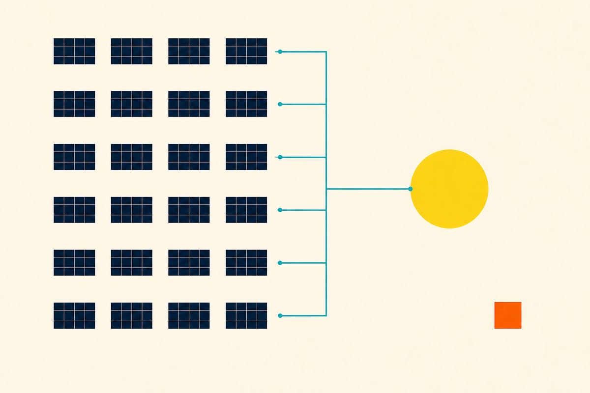 Abstract Swiss-style composition showing many solar arrays connected into one portfolio