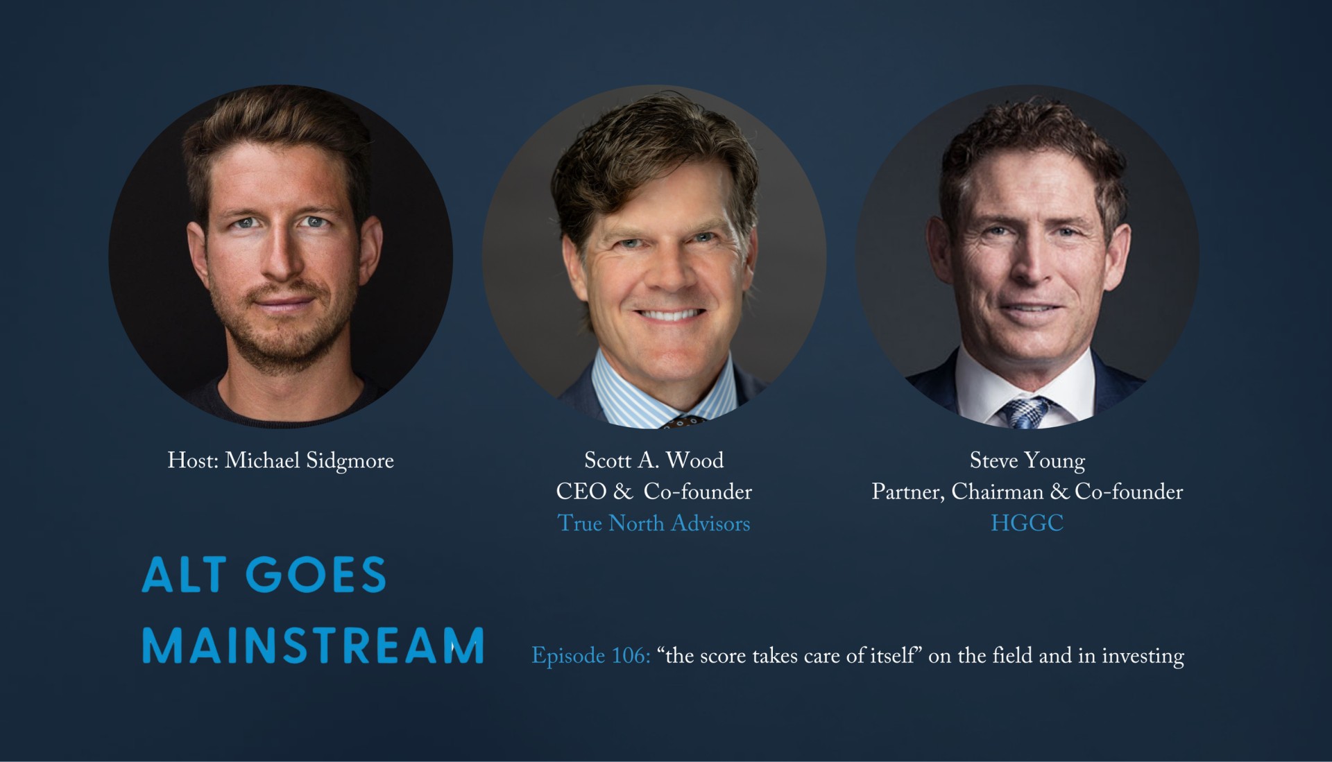 Podcast graphic showing host Michael Sidgmore with True North CEO Scott Wood and HGGC co-founder Steve Young
