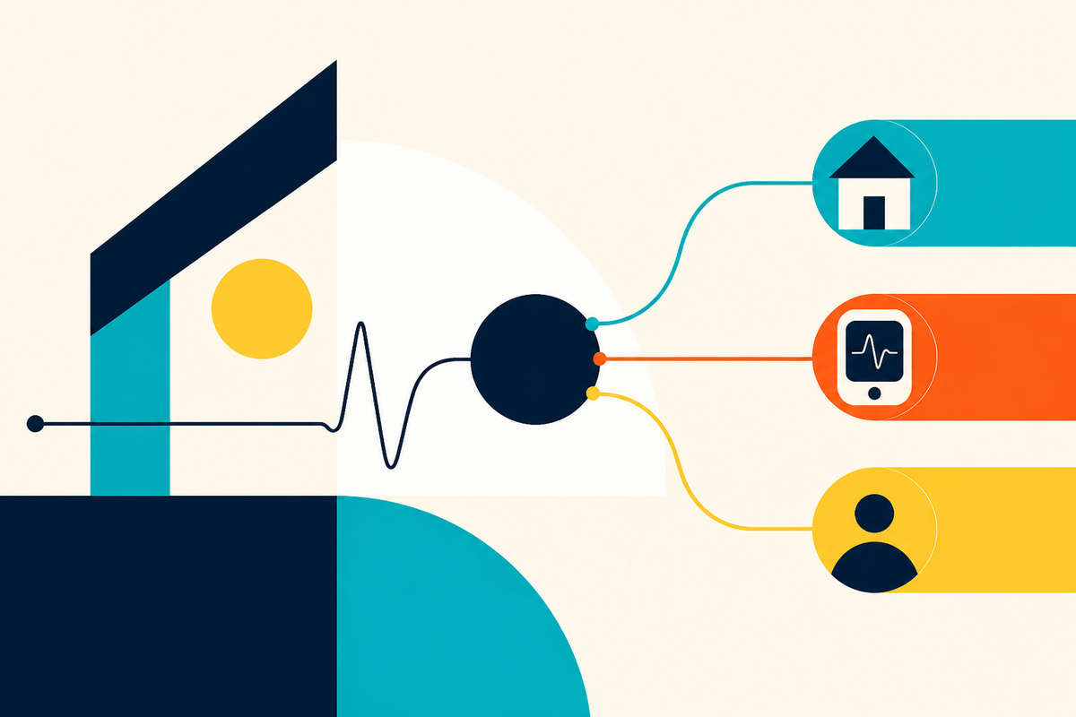 Abstract Swiss-style illustration connecting a home, a health monitor and a person through three care pathways