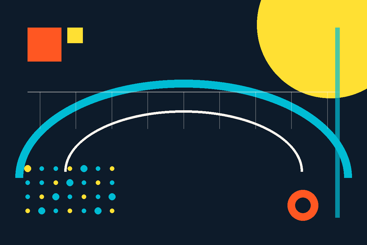 Swiss-style graphic: an arc bridging a grid of nodes to a large circle