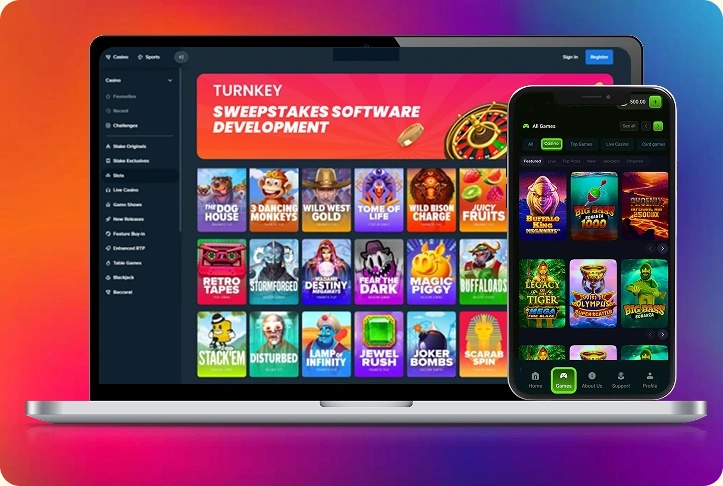 TRUEiGTECH’s turnkey sweepstakes product illustration showing a casino lobby on laptop and phone