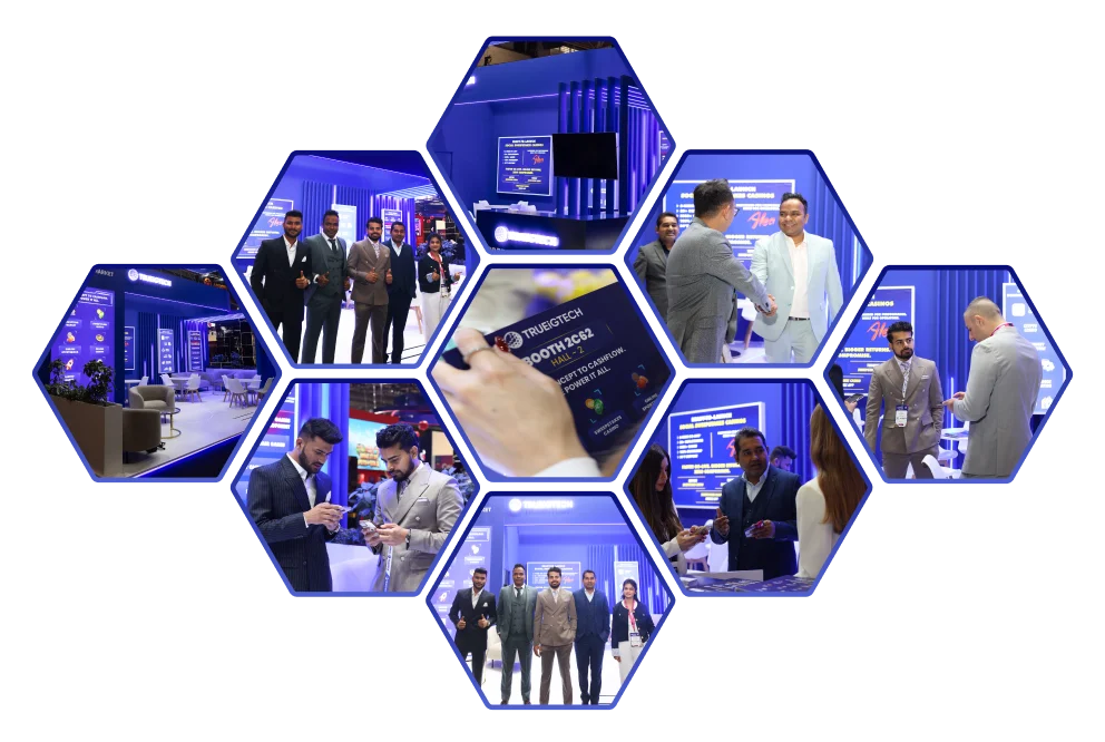 Company-published collage of TRUEiGTECH staff and booth conversations at an ICE event