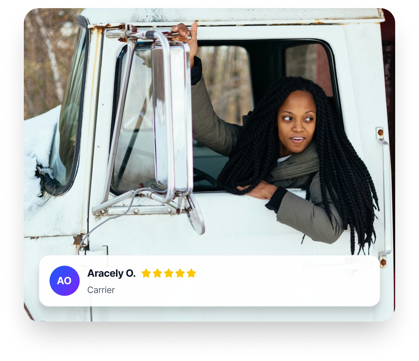 A TrueNorth carrier leans from her truck cab beside a five-star app rating card