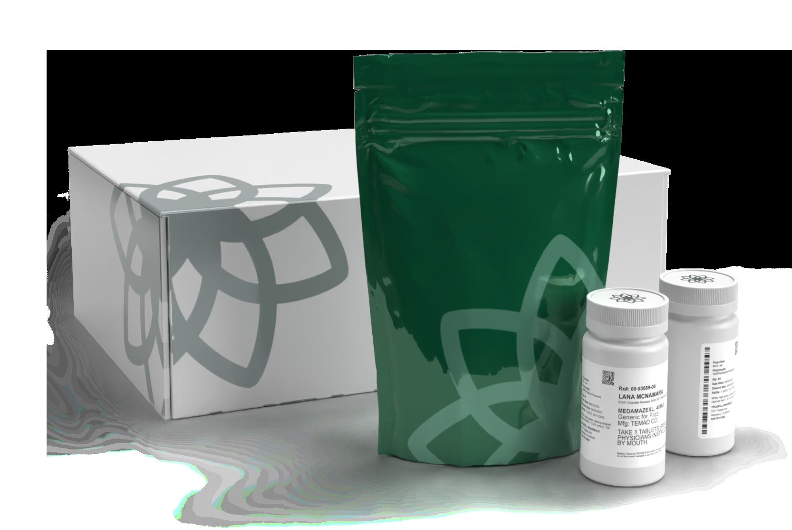 Custom-branded medication packaging, including a carton, green mailer and prescription bottles, pictured on the FuzeRx website
