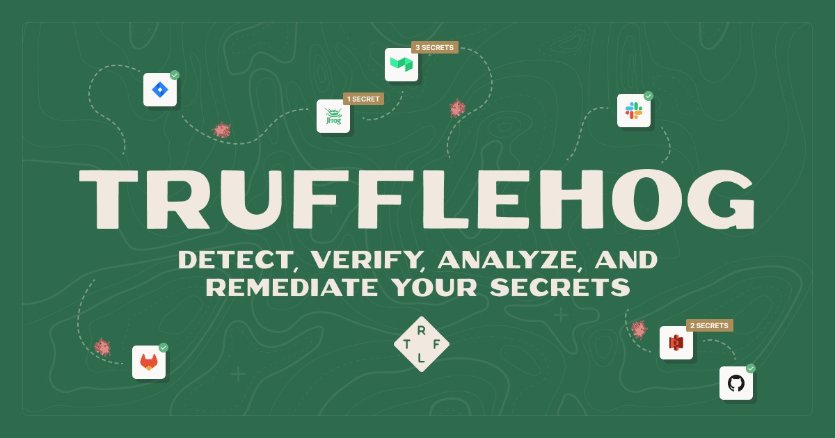 Illustration of TruffleHog connecting security tools to detect, verify, analyze and remediate secrets