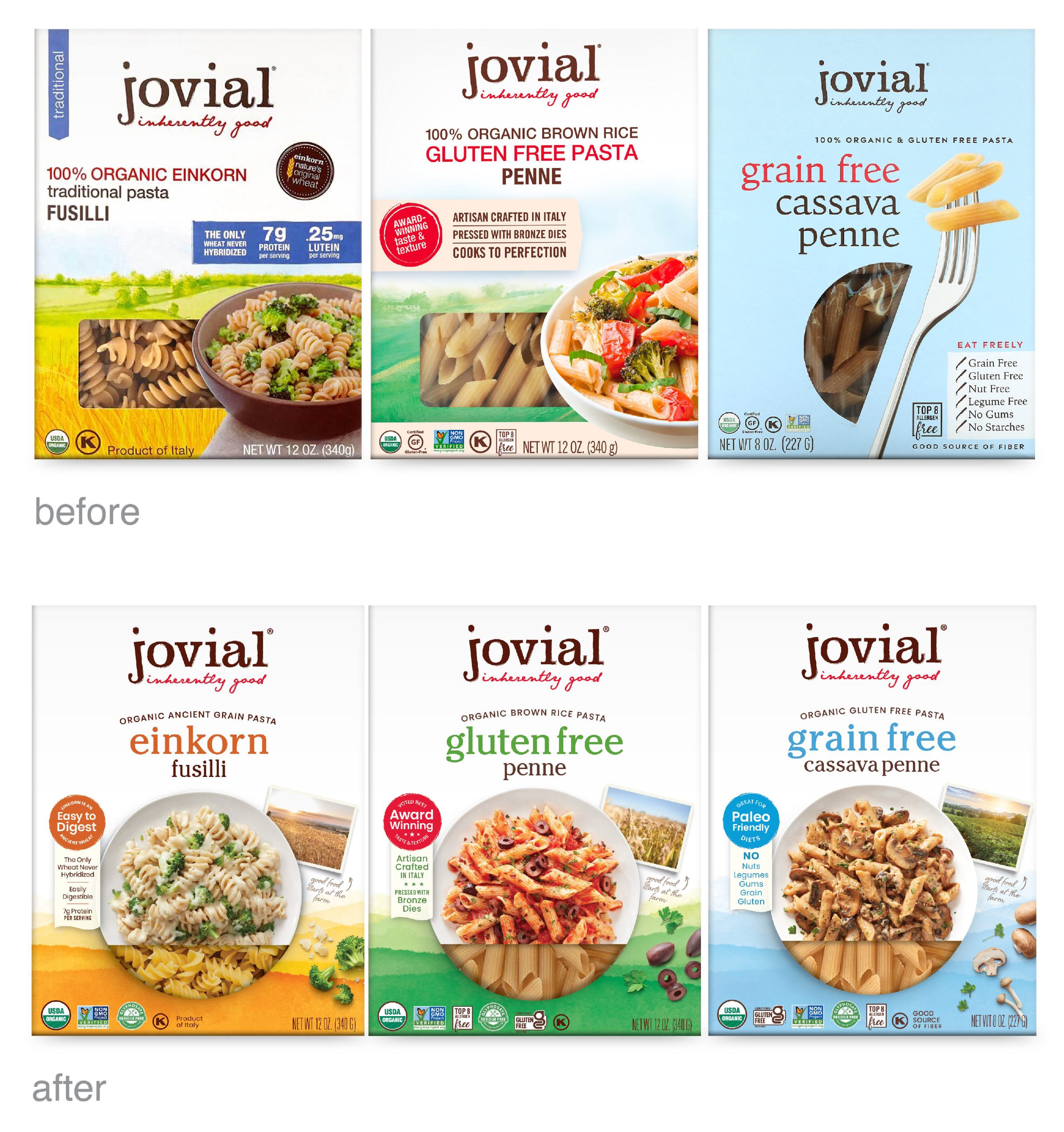 Three Jovial pasta varieties before and after redesign, showing more consistent product names and imagery