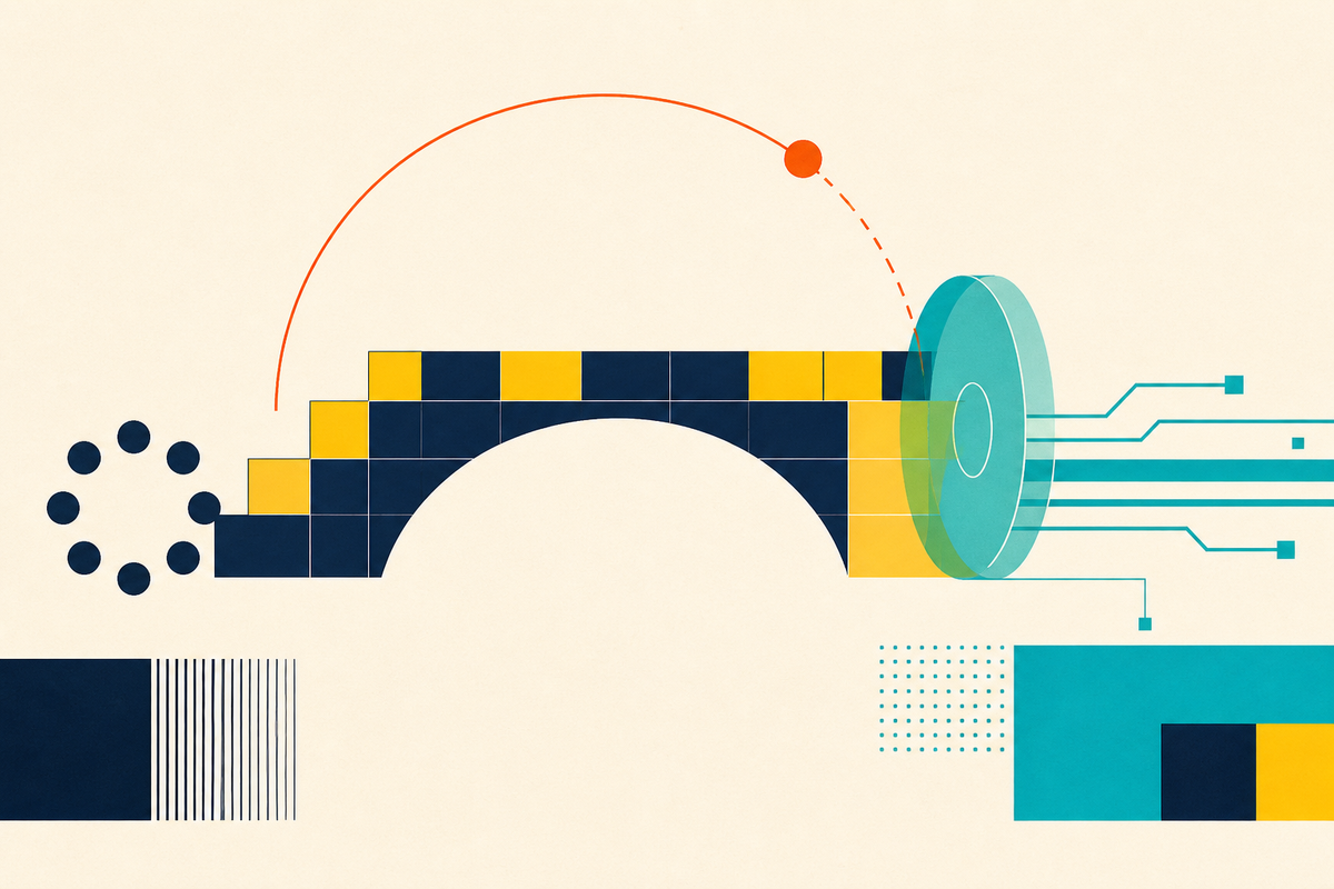 Abstract Swiss-style illustration of a modular bridge connecting cooperative finance to digital payment rails